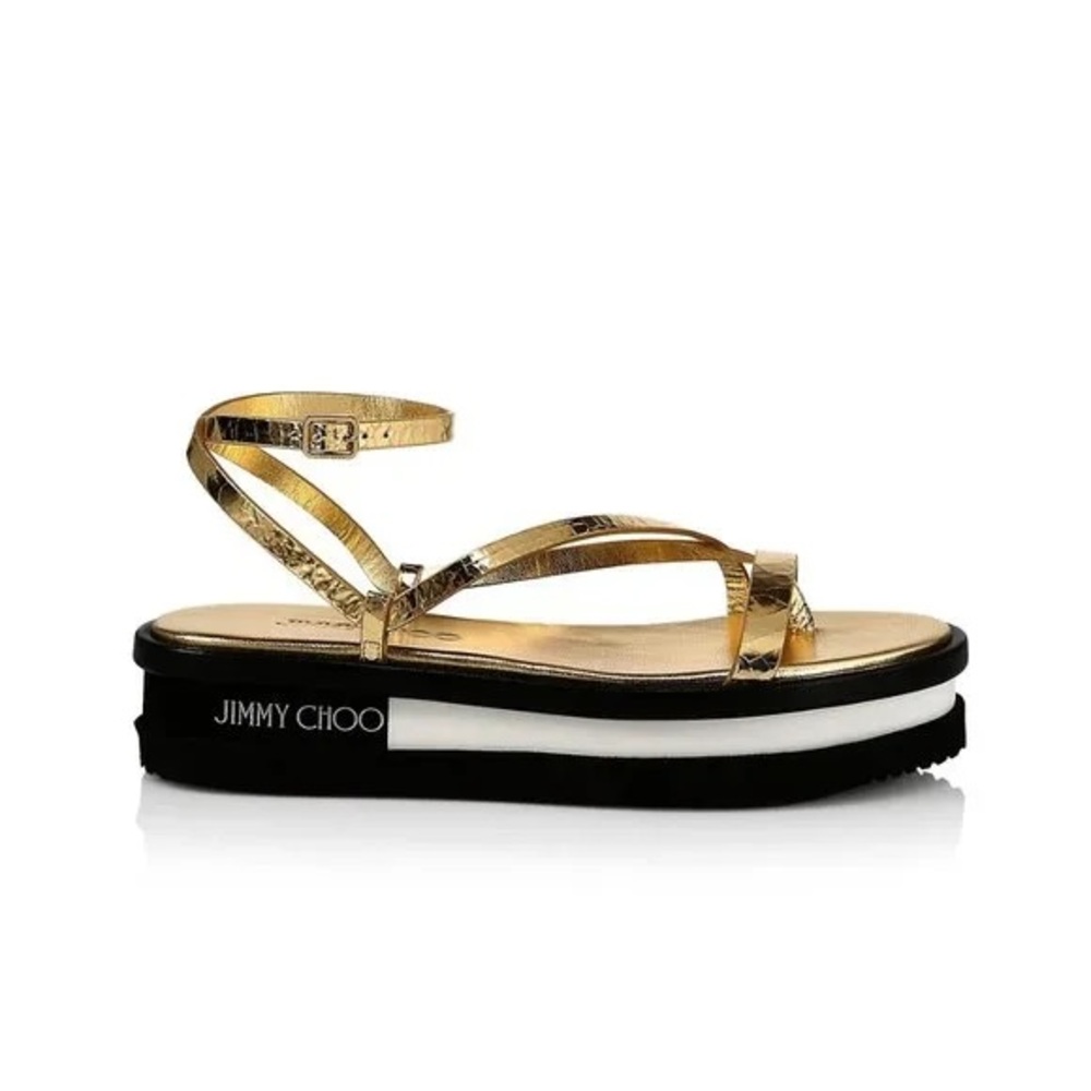 Authentic Jimmy Choo Pine Platform Sandals Womens 37 Metallic Gold Black Leather